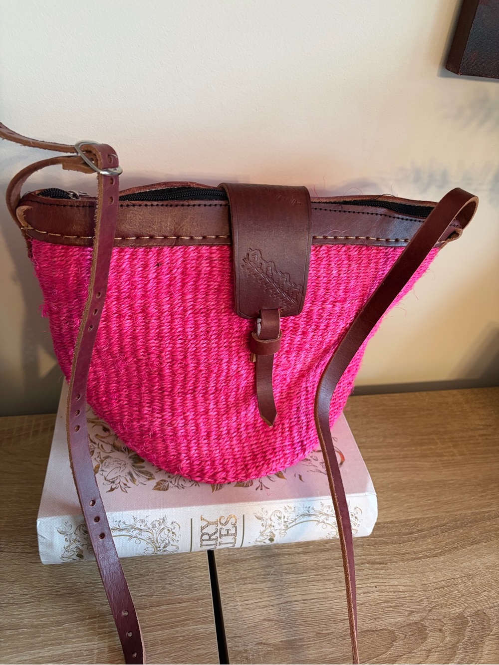 Bright Pink Straw Crossbody with Brown Leather Trim